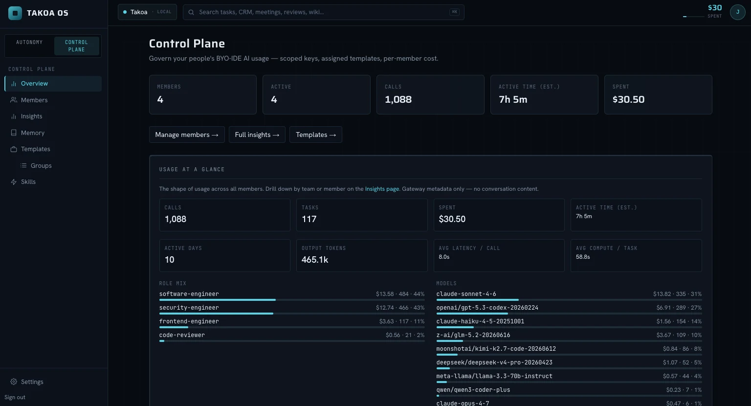 Takoa OS Control Plane overview: members, active users, call count, active time and spend, with usage broken down by role and by model.